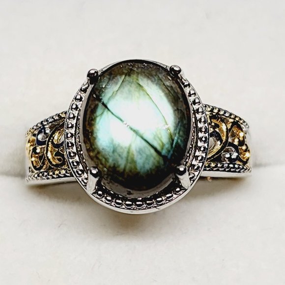 Labradorite solitaire ring in 18K YG & Platinum plated Brass sz 8 5.85 cts - Picture 1 of 6